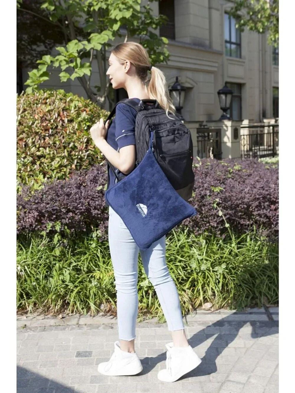 Soft Travel Blanket & Pillow Combo - Compact Packable Airplane Throw, Navy Blue - Picture 8 of 9